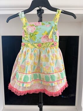 Matilda Jane Pastel Floral & Lemon Print Dress Top w/Apron, Mint, Pink, Yellow